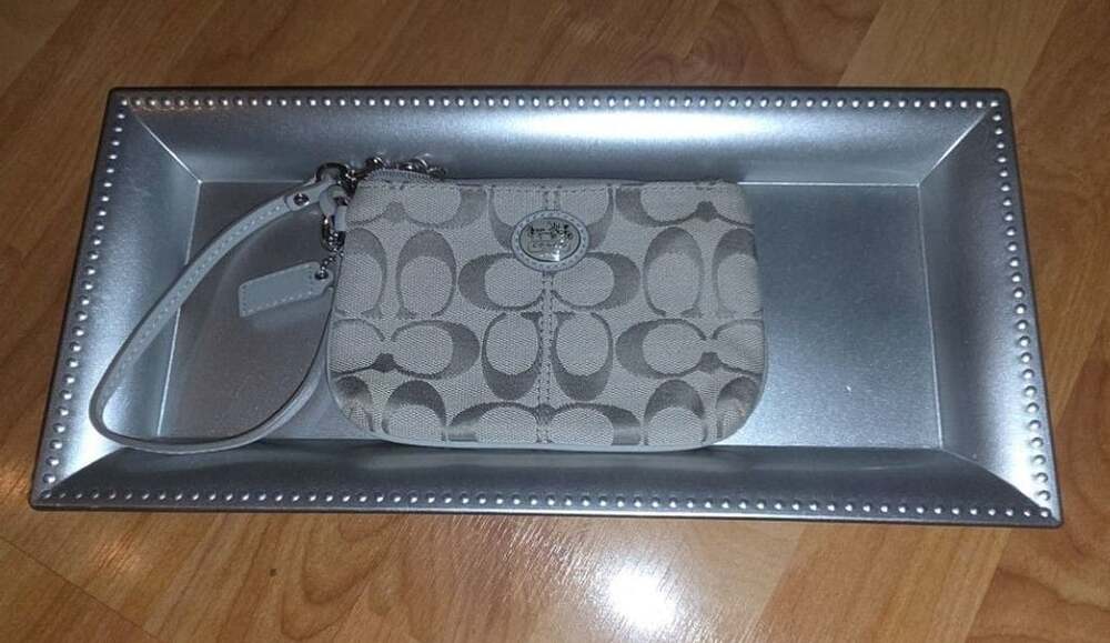 Coach Sutton Signature Silver Monogram Canvas Gray Zip Wristlet Wallet